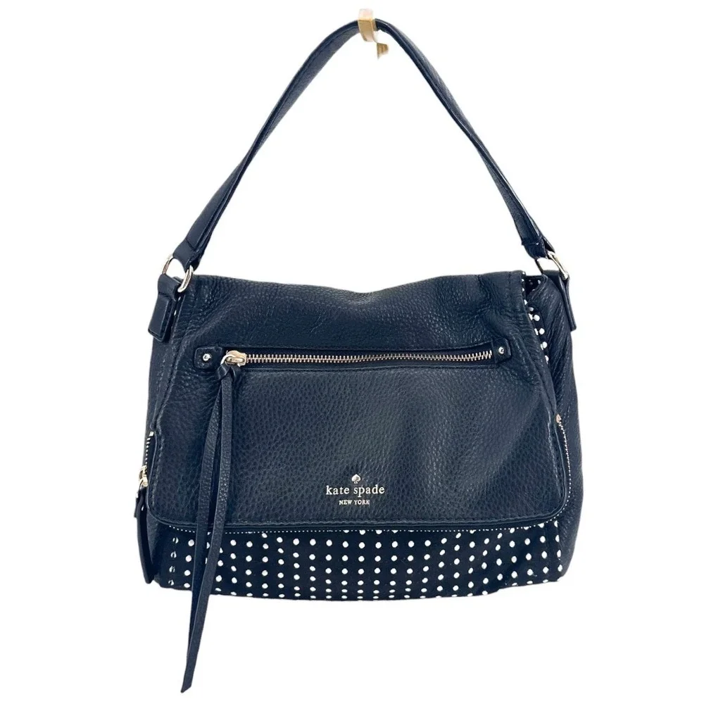 Kate Spade Cobble Hill Little Minka Shoulder Bag Black Leather White Polka Dot